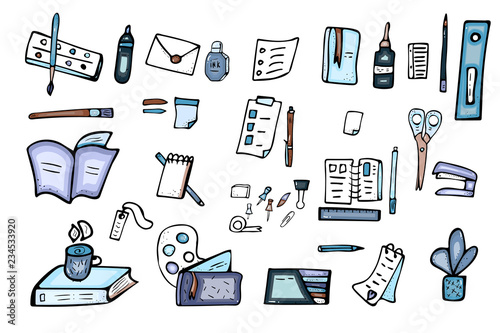 Set of vector doodle stationery. Office supplies.