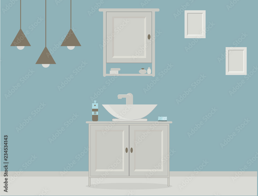 Provence style bathroom with washbasin, cupboard, paintings on the wall and fashionable brown hanging lamps. Vector illustration Provence style bathroom with washbasin, cupboard, paintings on the wall and fashionable brown hanging lamps. Vector illustration