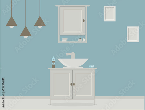Provence style bathroom with washbasin  cupboard  paintings on the wall and fashionable brown hanging lamps. Vector illustration