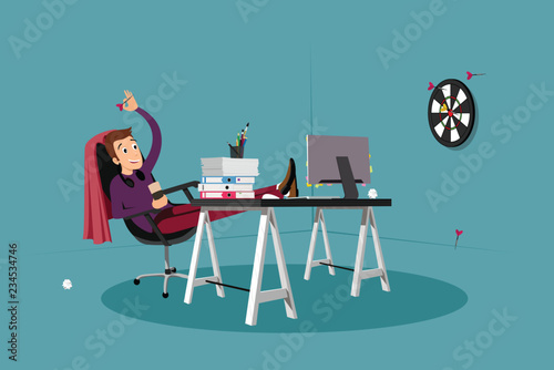 Lazy office worker feet up playing darts in his office
