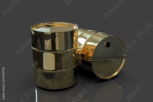 Two Golden Metal Industrial Oil Barrels 3D rendering photo