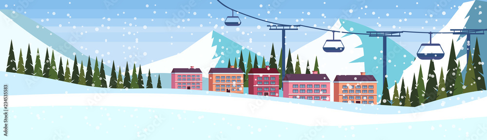 ski resort hotel houses buildings cable car chairlift winter snowy mountains fir tree landscape flat vacation poster horizontal banner