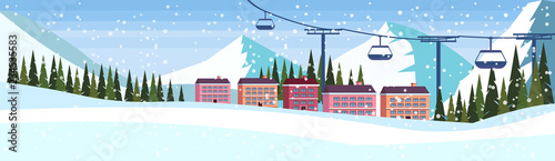 ski resort hotel houses buildings cable car chairlift winter snowy mountains fir tree landscape flat vacation poster horizontal banner