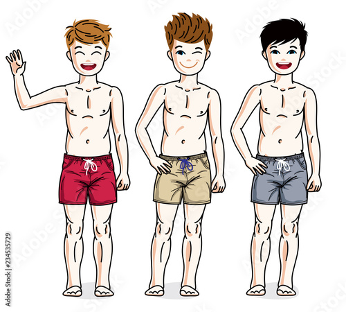 Cute happy young teen boys posing  wearing fashionable beach shorts. Vector diversity kids illustrations set.