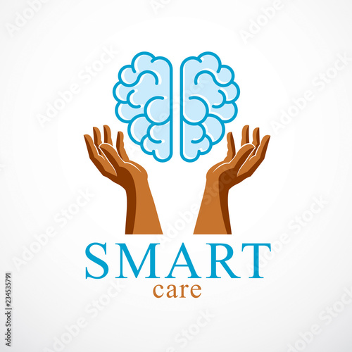 Smart Care concept, vector logo or icon design of human anatomical brain with careful tender and defending hands.