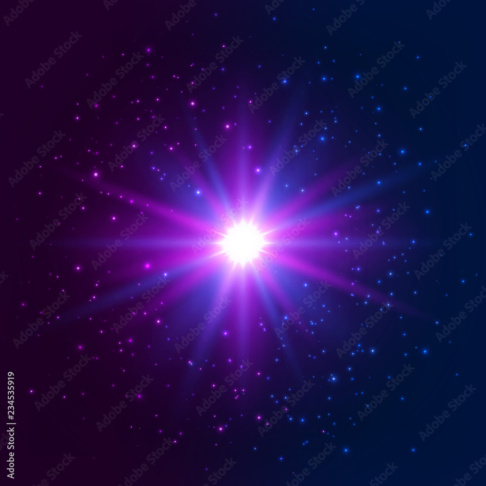 Shining star. Explosion light effect. Bright blue and violet magic star