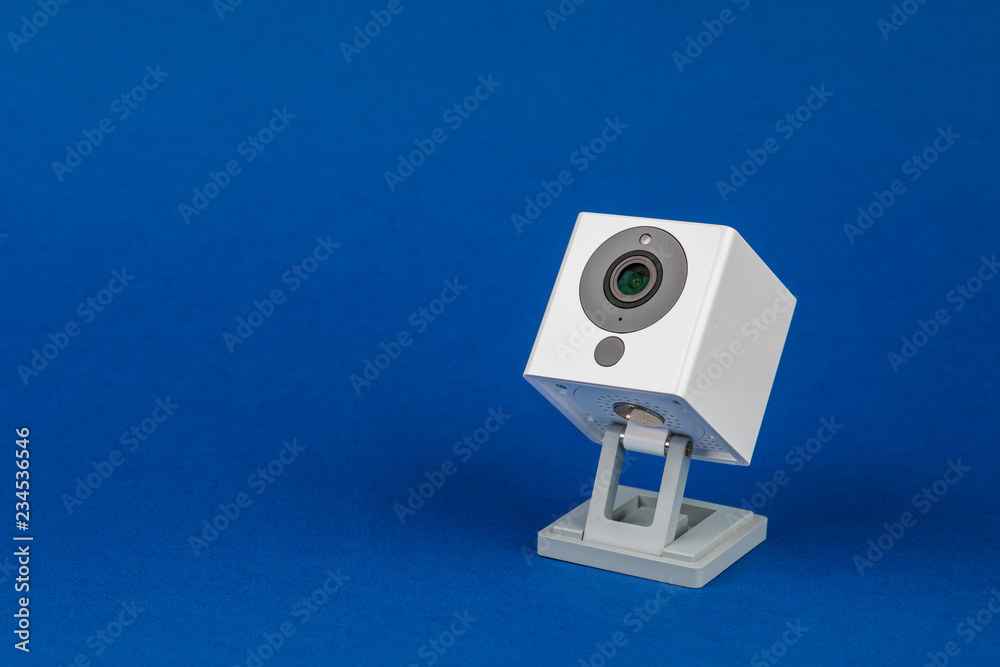 white webcam on blue background, object, Internet, technology concept white webcam on blue background, object, Internet, technology concept