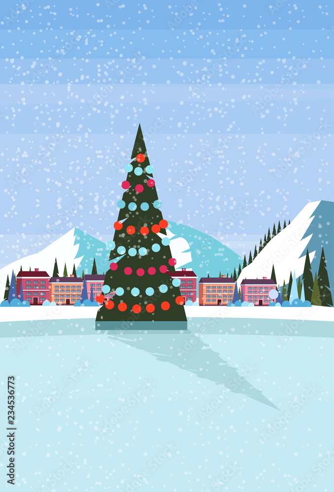 ice skating rink decorated christmas tree ski resort hotel houses buildings snowy mountains landscape background flat winter vacation poster vertical