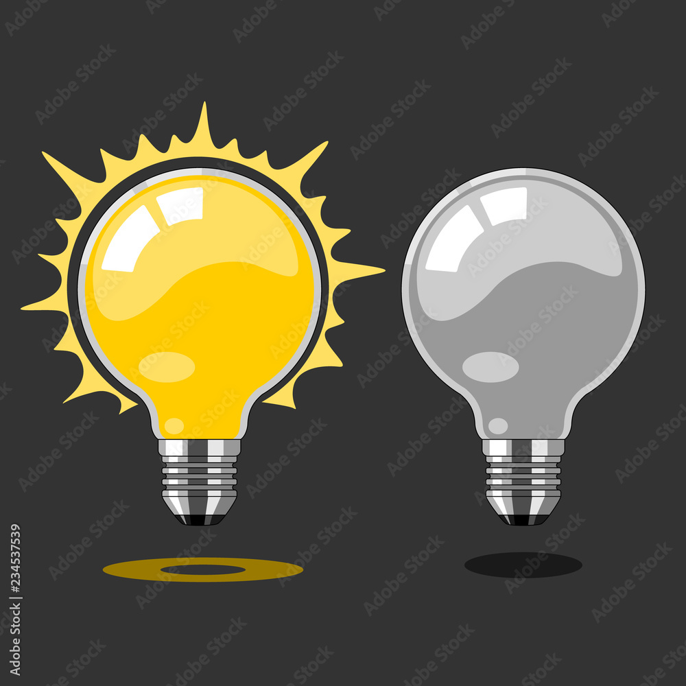 Turning on and turning off light bulbs. Two electric light bulbs on dark background Turning on and turning off light bulbs. Two electric light bulbs on dark background