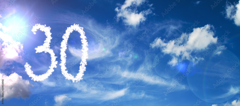 Painted with clouds on a blue background with a flare of sun and white clouds number 30