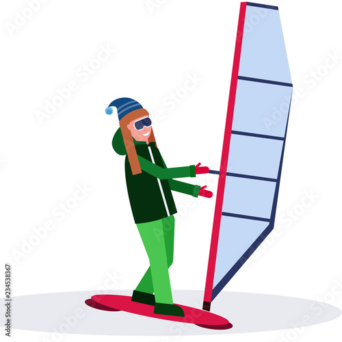 woman windboarder holding sail girl windboarding windsurfing on snow concept extreme winter sport female cartoon character full length flat isolated