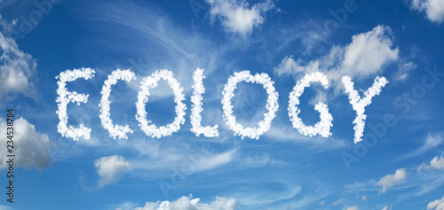 ECOLOGY inscription painted with clouds on a blue background with white clouds