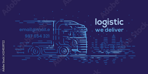 Illustration of euro truck semitrailer on dark background. Card template. Vector, layered, text outlined. 