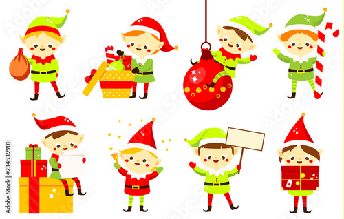 Christmas elves. Collection of cute Santa's helpers holding gifts. Cartoon characters for new Year greeting design