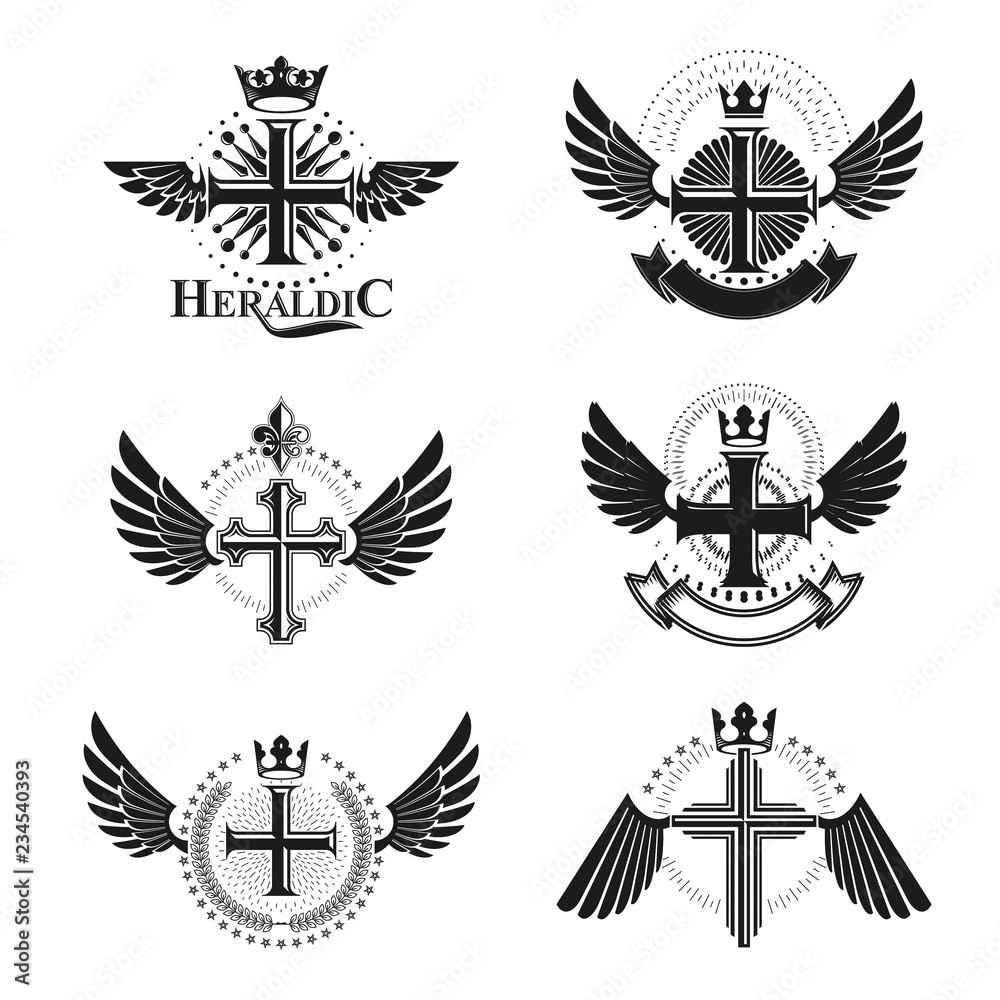 Crosses Religious emblems set. Heraldic Coat of Arms, vintage vector logos collection.