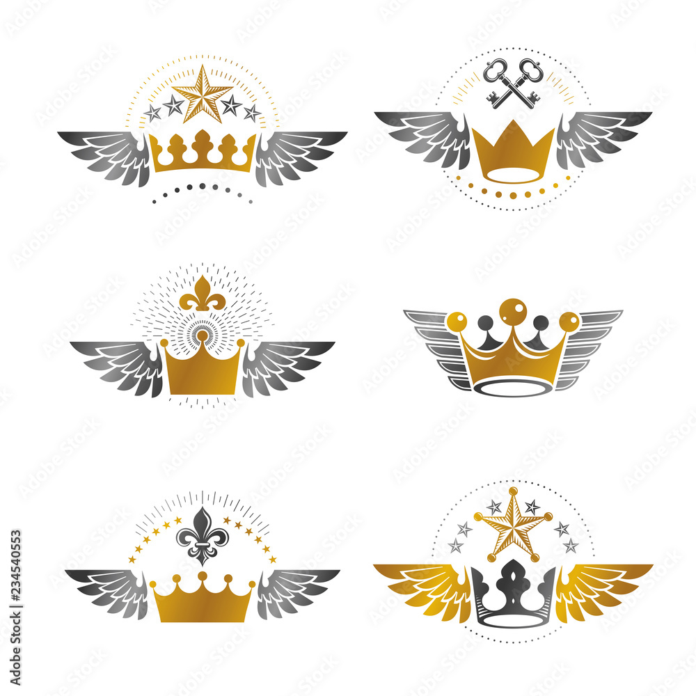 Majestic Crowns and Ancient Stars emblems set. Heraldic Coat of Arms decorative logos isolated vector illustrations collection. Majestic Crowns and Ancient Stars emblems set. Heraldic Coat of Arms decorative logos isolated vector illustrations collection.
