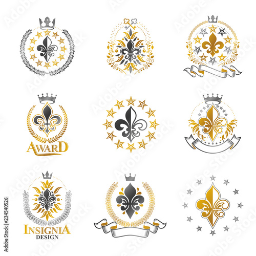 Royal symbols Lily Flowers emblems set. Heraldic vector design elements collection. Retro style label, heraldry logo.