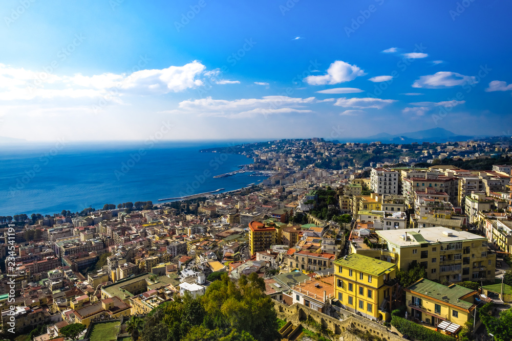 Travelling to Italy. Amazing sunny day view of Posillipo Hill, Naples.