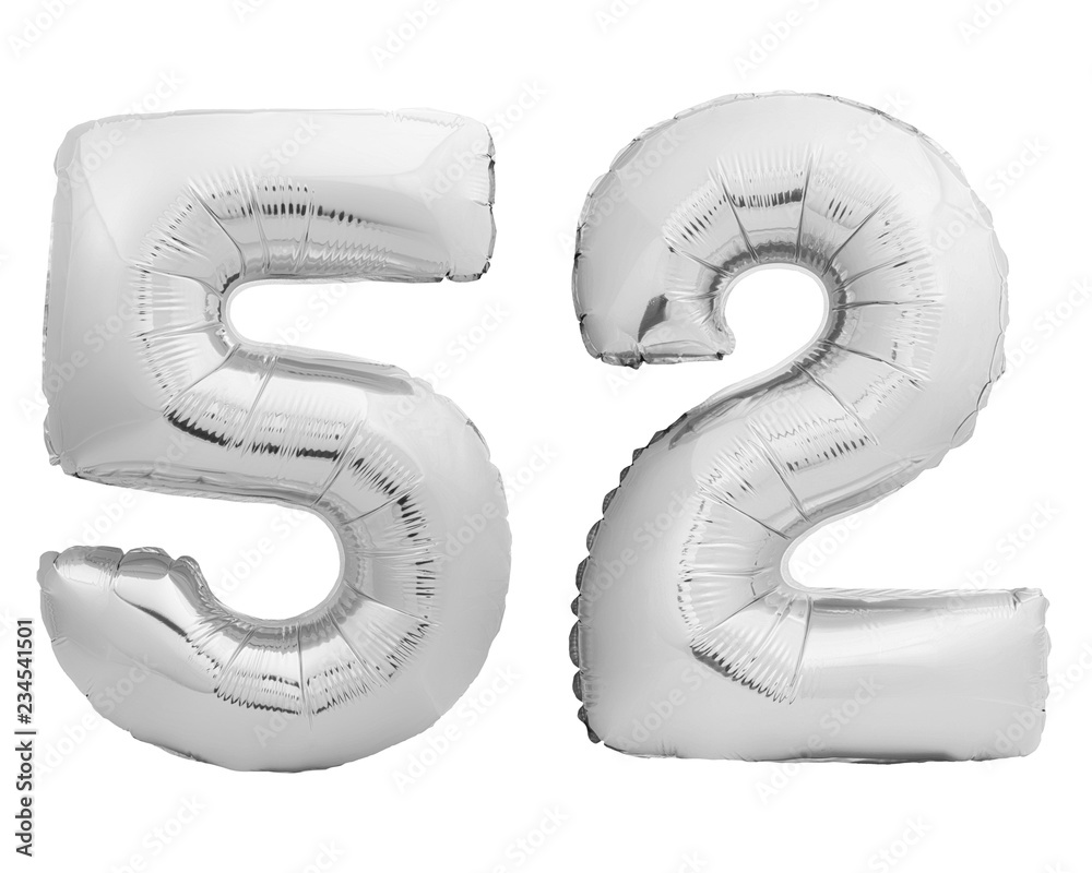 Silver number 52 fifty two made of inflatable balloon Silver number 52 fifty two made of inflatable balloon