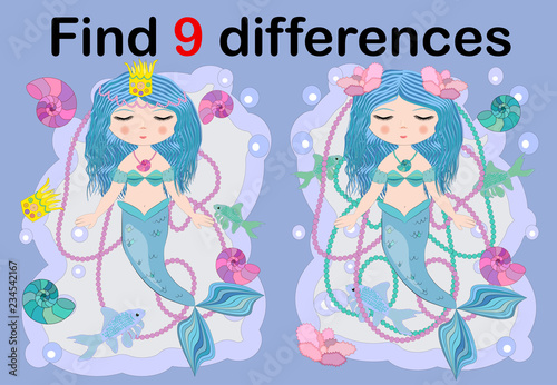 Find the difference the two illustration with sea mermaid. Children funny riddle entertainment.