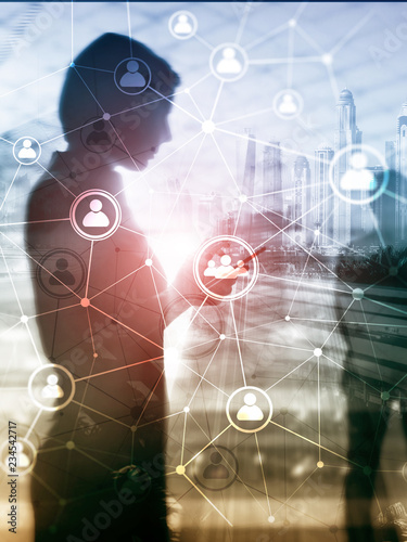 Double exposure people network structure?? HR - Human resources management and recruitment concept. Abstract Cover Design Vertical Format.