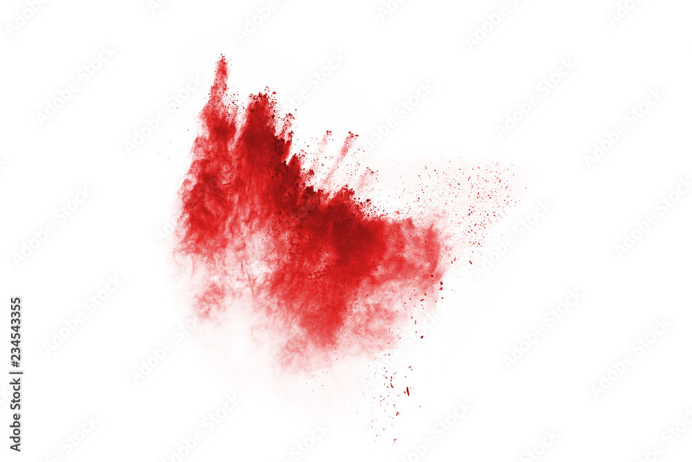 Freeze motion of red powder exploding, isolated on white background. Abstract design of red dust cloud. Particles explosion screen saver, wallpaper