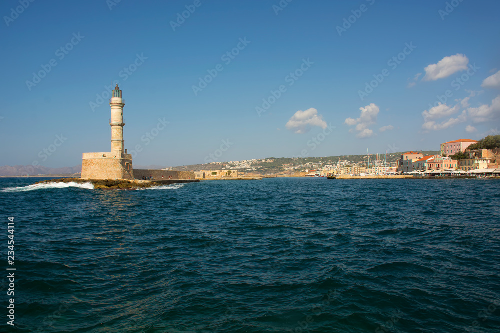 Venetian Harbor and lighthouse of Chania Old Town. Crete island of Greece