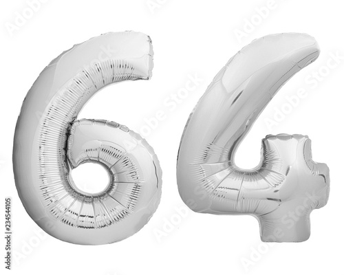 Silver chrome number 64 sixty four made of inflatable balloon on white photo