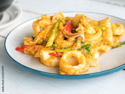 Fried Squid with Curry, Ready to serve on the table.Thai food