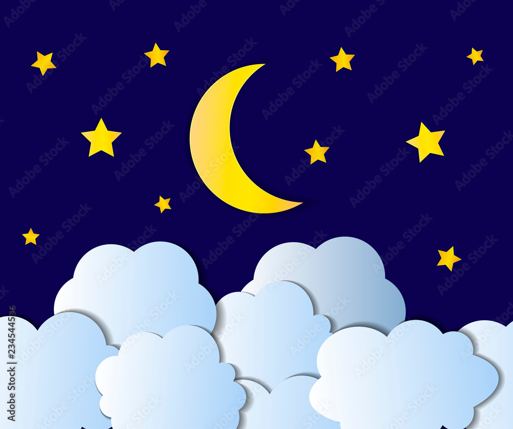 Vector Night Sky, Cartoon Illustration, Background, Bright Yellow Moon,  Stars and White Clouds Shining on Blue. Stock Vector | Adobe Stock