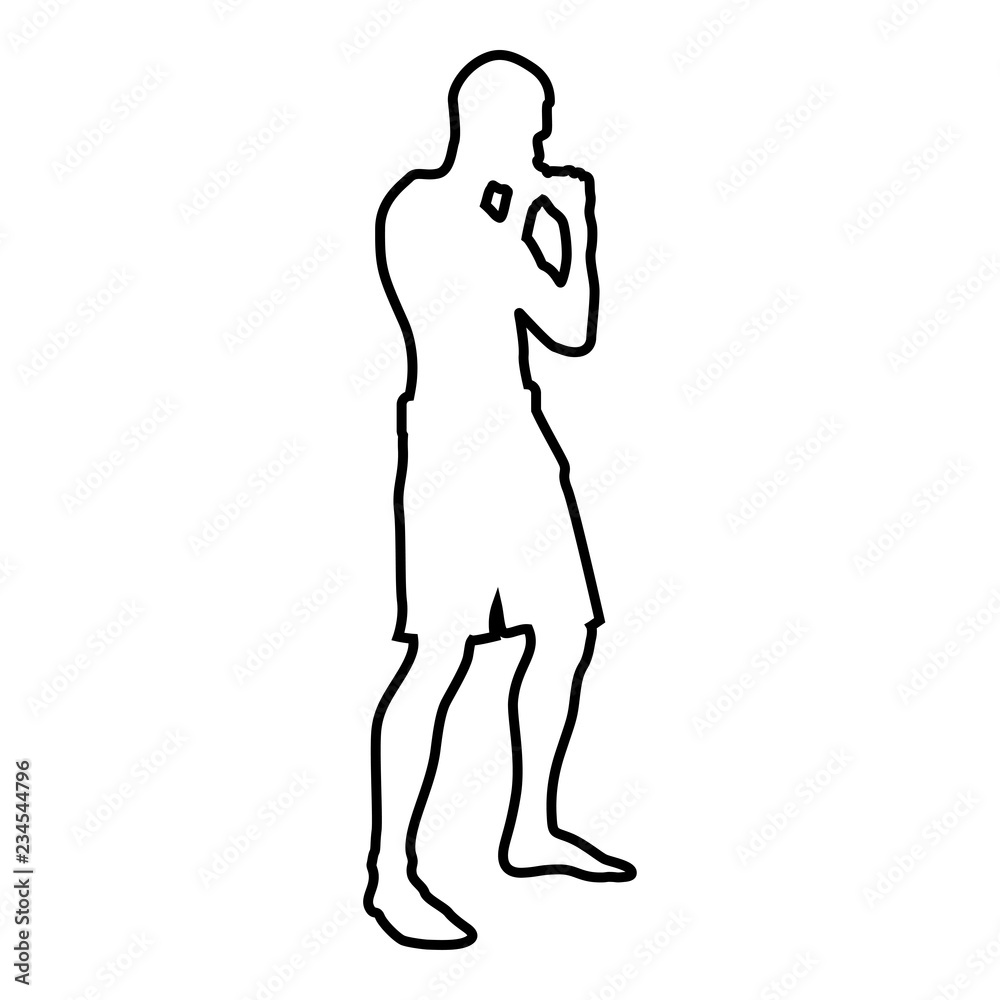 Fighter in fighting stance Man doing exercises Sport action male Workout silhouette side view icon black color outline