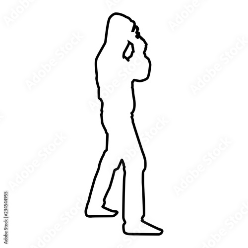 Man in the hood with gun Concept danger short arm near head icon black color illustration  outline