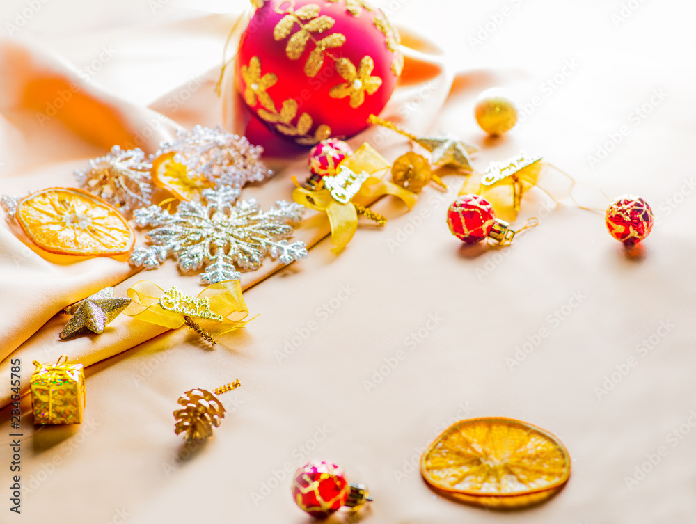 Christmas decor on a light textile background with space for text