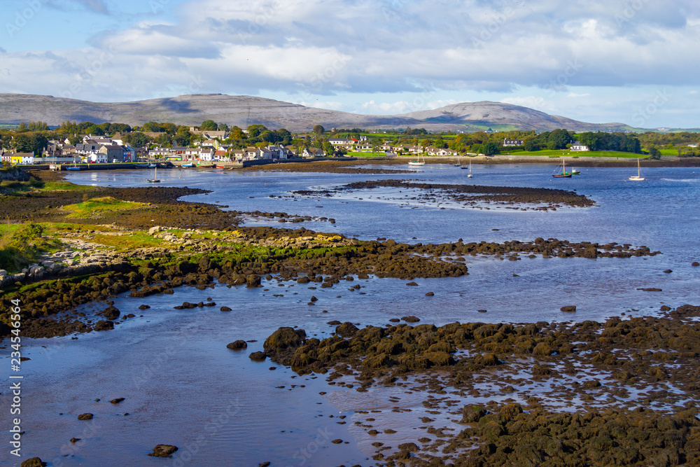 Kinvarra bay with village and boats