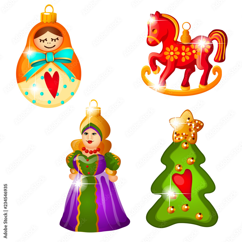 Sketch with Christmas tree decoration in Russian folk style isolated on white background. Colorful festive glass baubles. Template of poster, invitation, card. Vector cartoon close-up illustration.