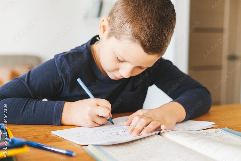 Schoolboy doing his homework on desk at home. Schoolboy doing his homework on desk at home.