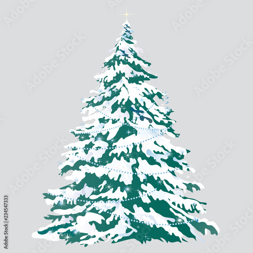 Christmas tree with snow-covered branches isolated on gray background. Sketch for greeting card, festive poster or party invitations. Attributes of Christmas and New year. Vector cartoon close-up.