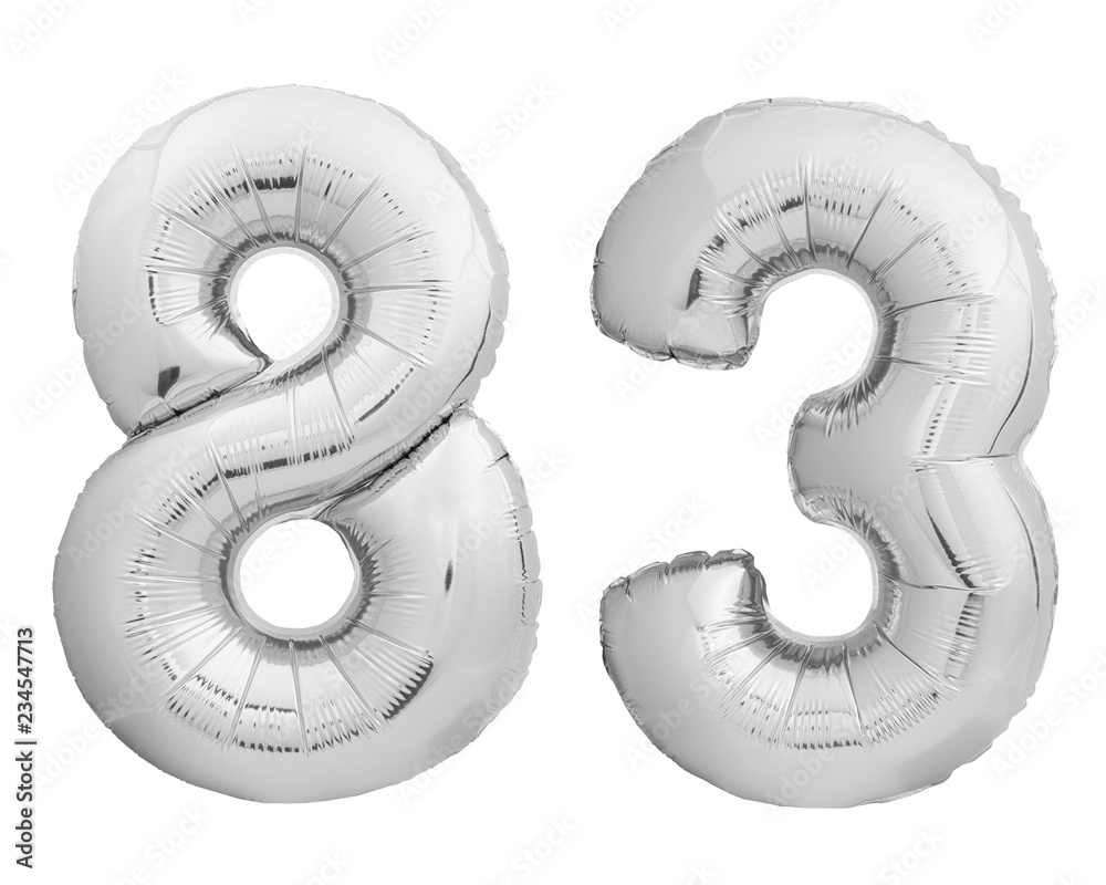 Silver chrome number 83 eighty three made of inflatable balloon on white Silver chrome number 83 eighty three made of inflatable balloon on white
