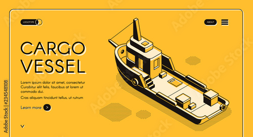 Commercial cargo vessel isometric vector web banner with freight ship or tugboat line art illustration. Maritime transport company, bulk carrying, international shipment service landing page template