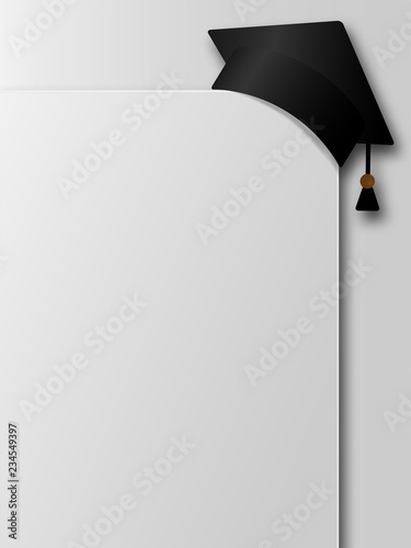 3D Graduation hat on board mock up  corner. Vector education cap or mortarboard on paper diploma mockup with empty place for your text. Graduate design element isolated on white background