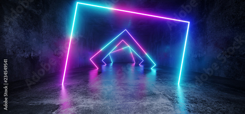 Elegant Modern Futuristic Sci Fi Grunge Concrete Reflective Long Empty Tunnel Corridor With Neon Glowing Rectangle Shapes Purple Blue Pink Red Background 3D Rendering photo