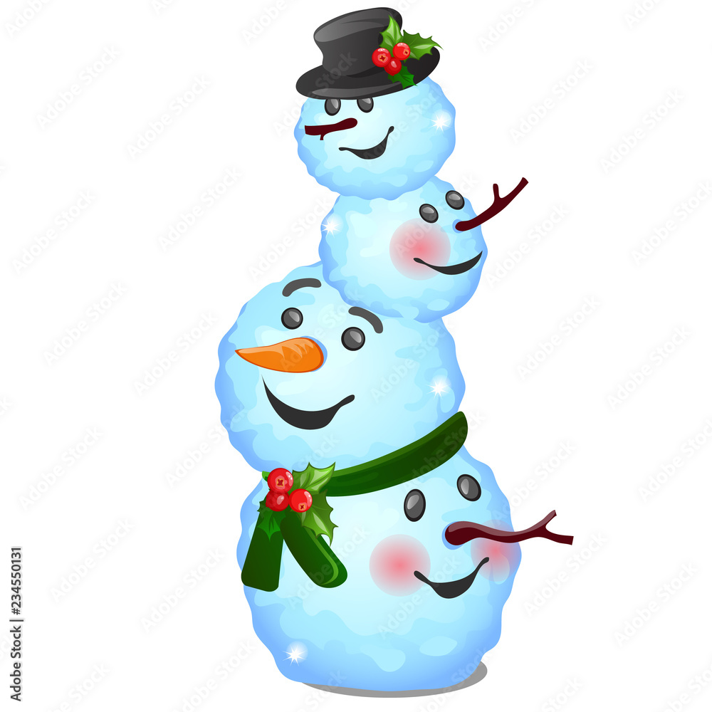 Funny snowman composite consisting of heads isolated on white background. Sketch for greeting card, festive poster or party invitation. Attribute of Christmas and New year. Vector cartoon close-up. Funny snowman composite consisting of heads isolated on white background. Sketch for greeting card, festive poster or party invitation. Attribute of Christmas and New year. Vector cartoon close-up.