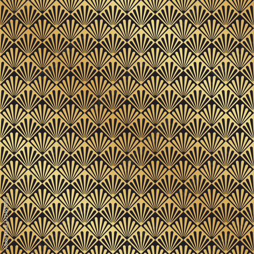 Seamless Art Deco black and gold leaf fan pattern background