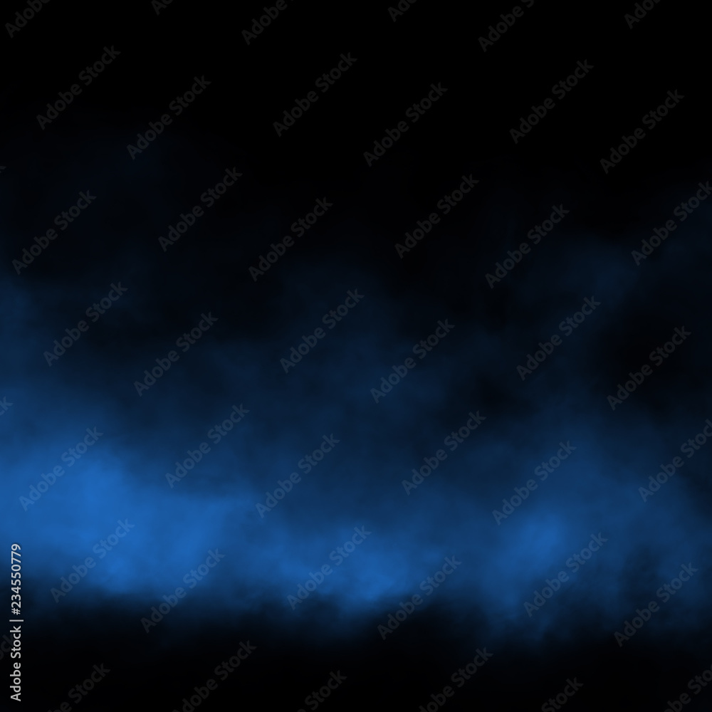 Blue fog and mist effect on black stage studio showcase room background.