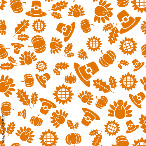 Autumnal Thanksgiving orange and white seamless pattern with turkeys, pumpkin, leaves illustration.