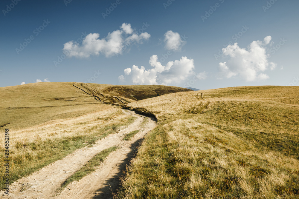 Fine Art Style processing Photo Landscape of Svydovets Mountain Ridge in Ukrainian Carpathians: Ground Path Going away to Clouds on backdrop. Picturesque summer rural highlands scene. Unspoiled nature Fine Art Style processing Photo Landscape of Svydovets Mountain Ridge in Ukrainian Carpathians: Ground Path Going away to Clouds on backdrop. Picturesque summer rural highlands scene. Unspoiled nature