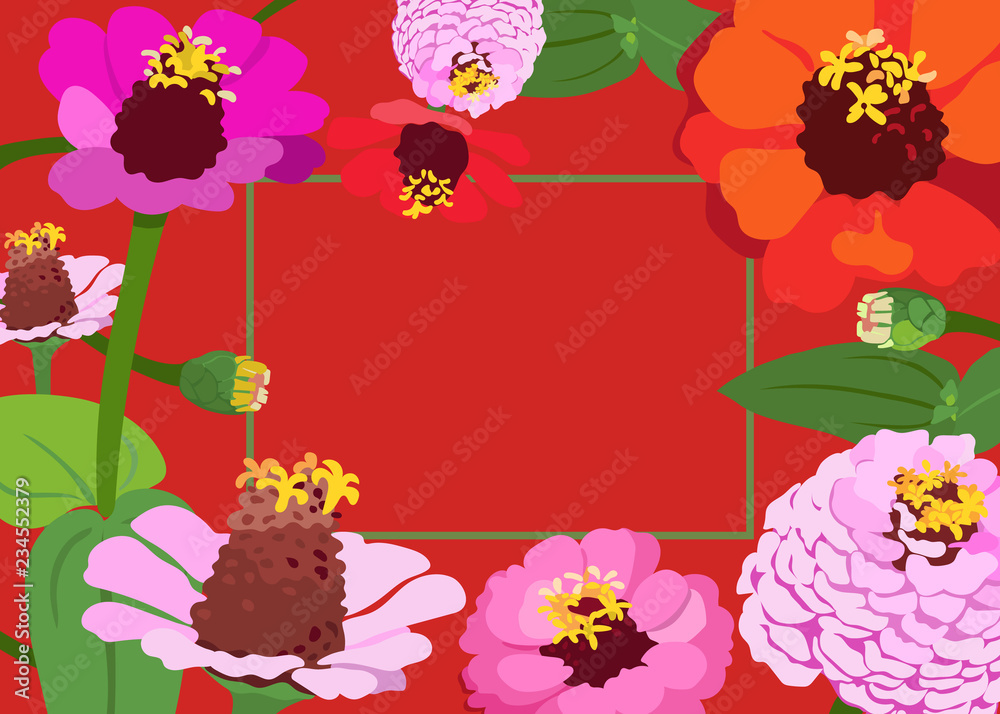 Summer floral greeting card. Zinnia flowers, garden, joy and happiness. Hand drawn vector illustration in vibrant flat colors.
