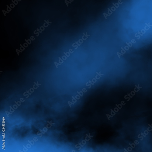 Blue fog and mist effect on black stage studio showcase room background.