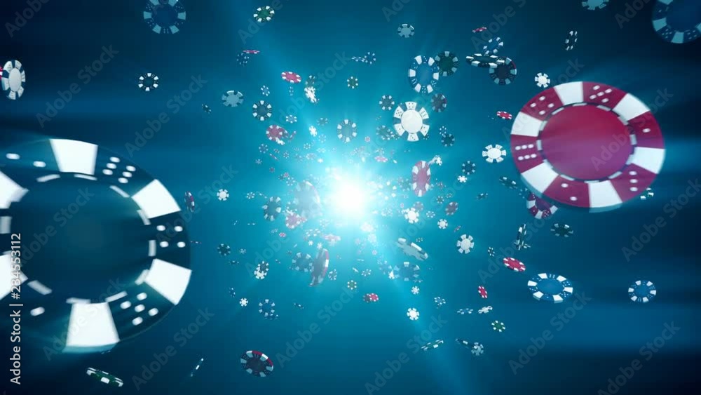 Flying casino chips in camera in slow motion with rays of light on a blue background, seamless loop animation