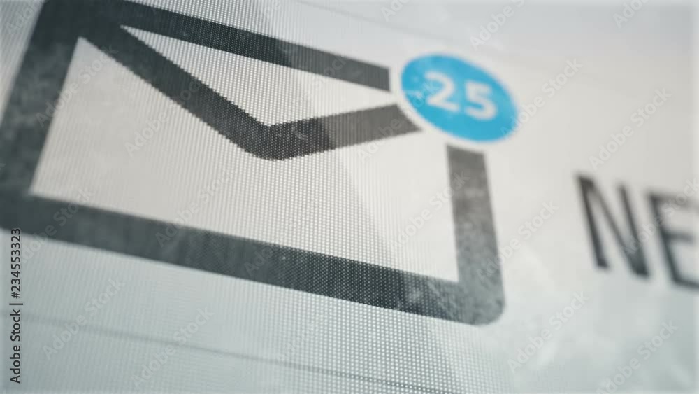 Abstract background with animation of email icon with counter of new messages on touch screen mobile gadget. Macro view of fingerprints on glass screen.